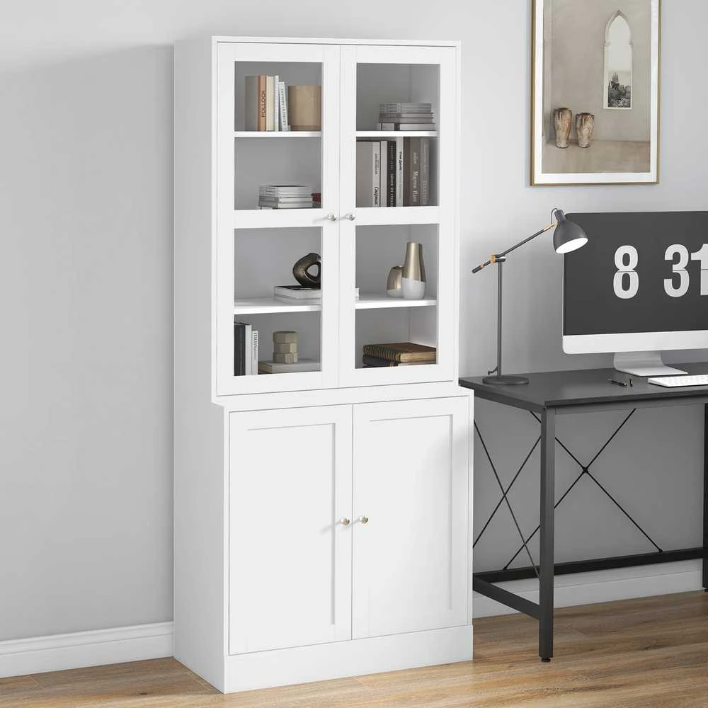 HOMCOM knygų spinta 178,5 cm, vitrina su stiklinėmis durelėmis, 6 skyriai, balta