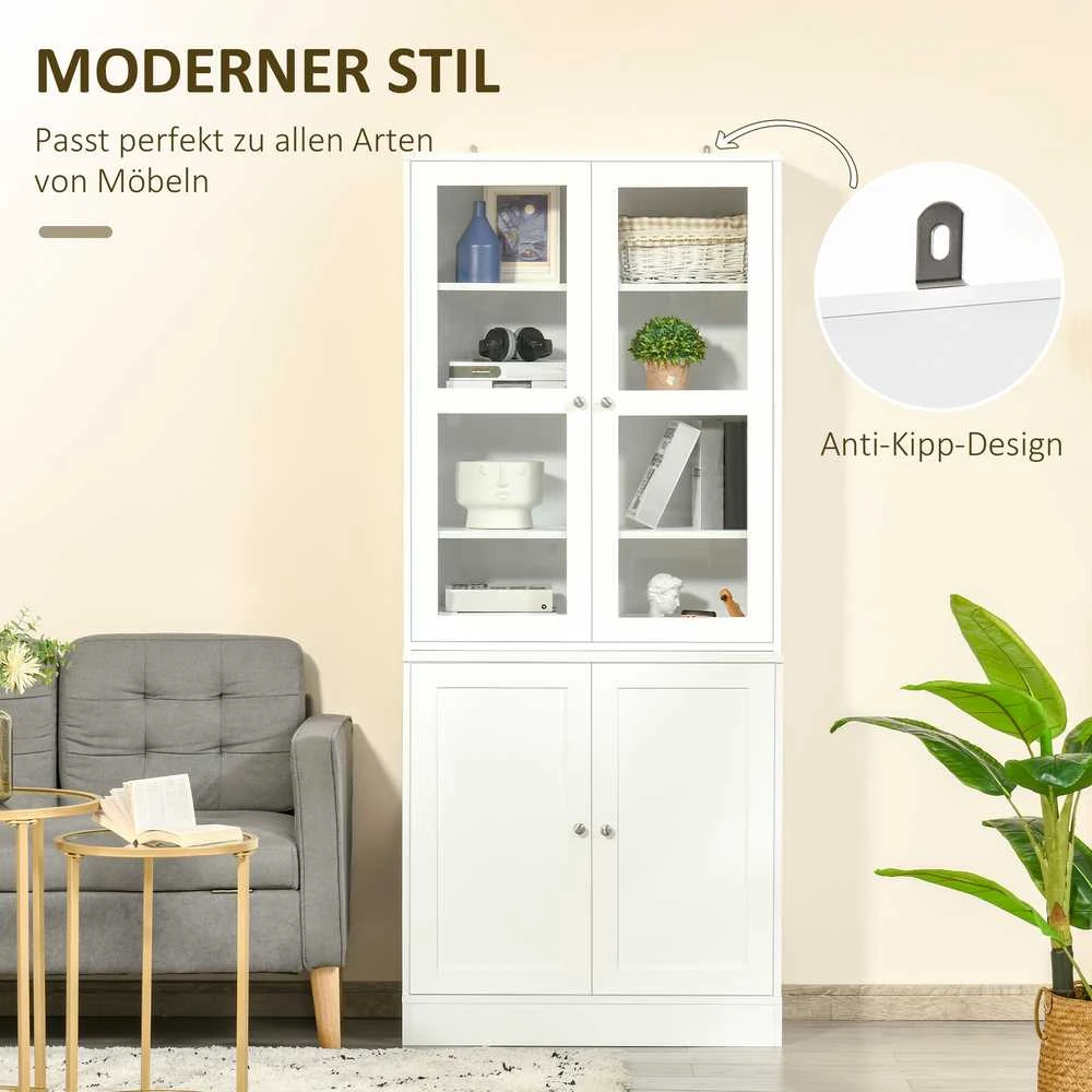 HOMCOM knygų spinta 178,5 cm, vitrina su stiklinėmis durelėmis, 6 skyriai, balta