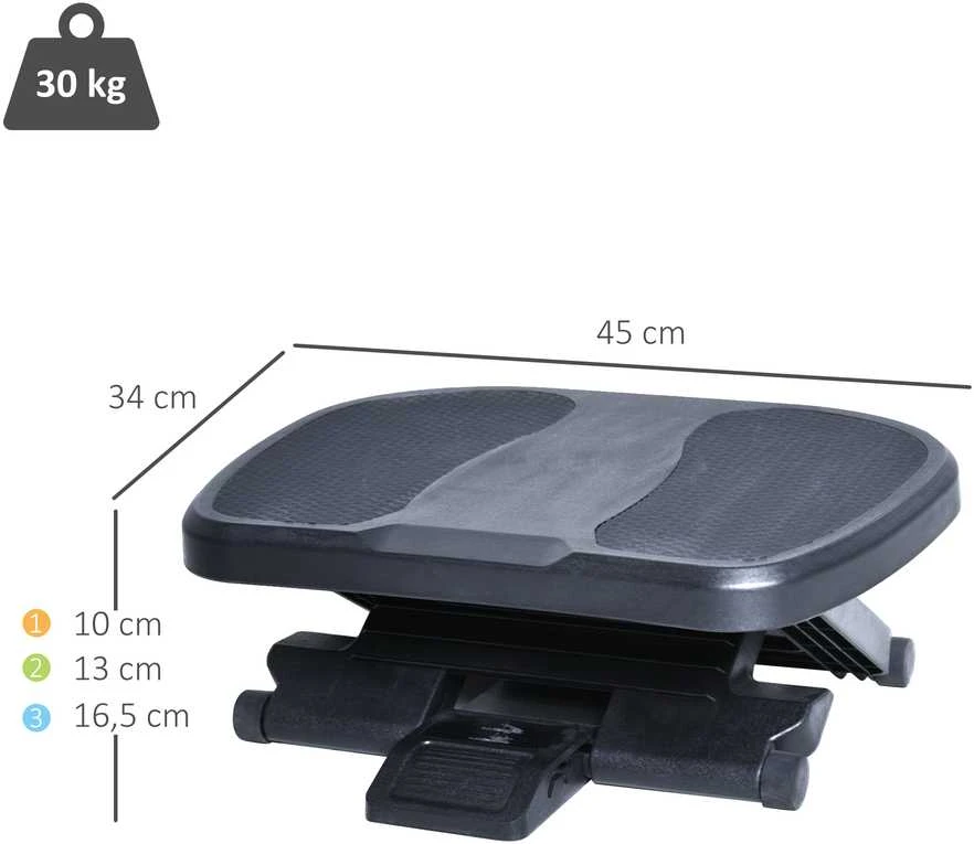 HOMCOM pėdų atrama, reguliuojamo aukščio (3 padėtys), HIPS, juoda, 45x34x(10-16,5) cm