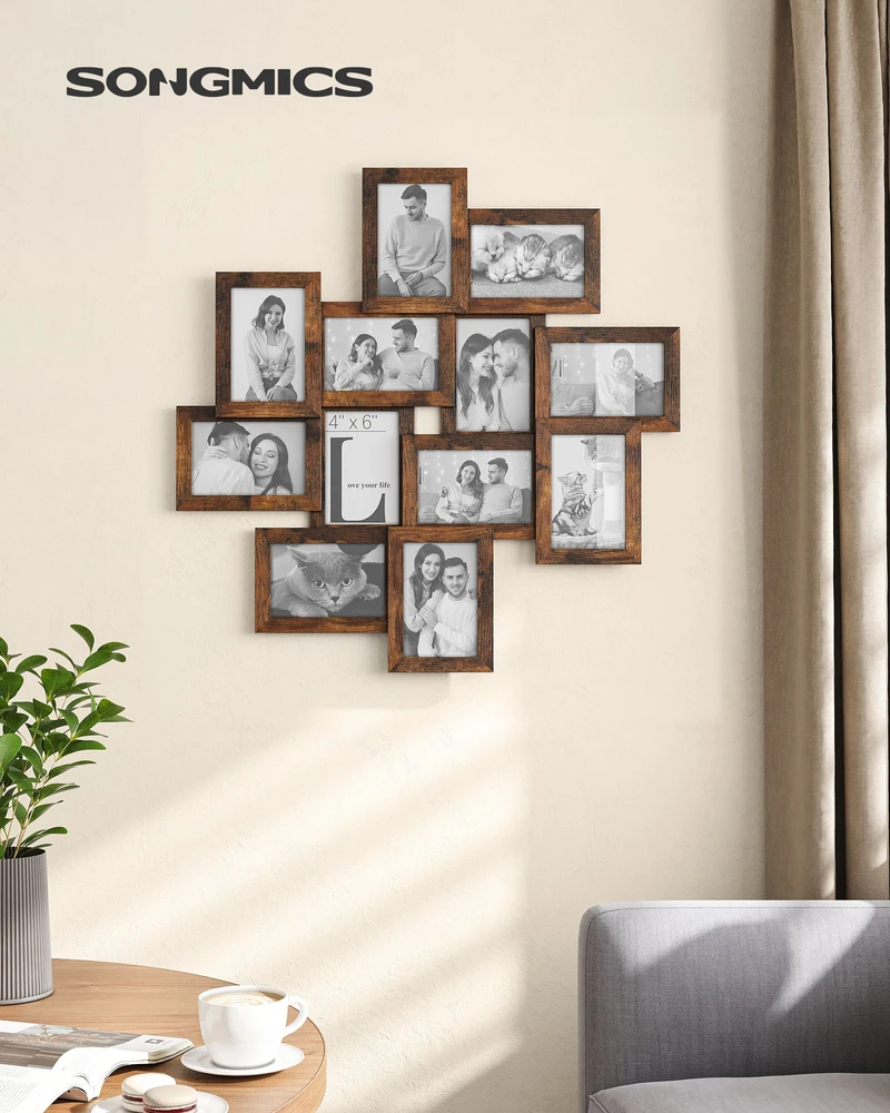 Songmics Koliažinis nuotraukų rėmelis 12 nuotraukų, vintažinės rudos spalvos, 63,3 × 63,3 cm