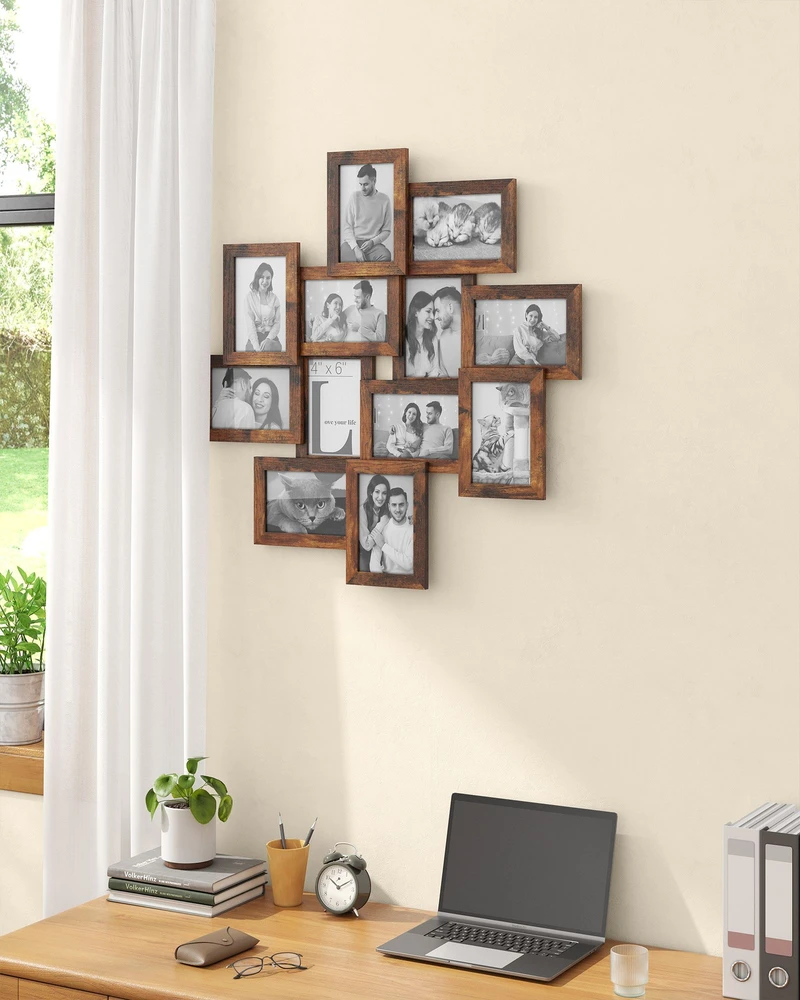 Songmics Koliažinis nuotraukų rėmelis 12 nuotraukų, vintažinės rudos spalvos, 63,3 × 63,3 cm