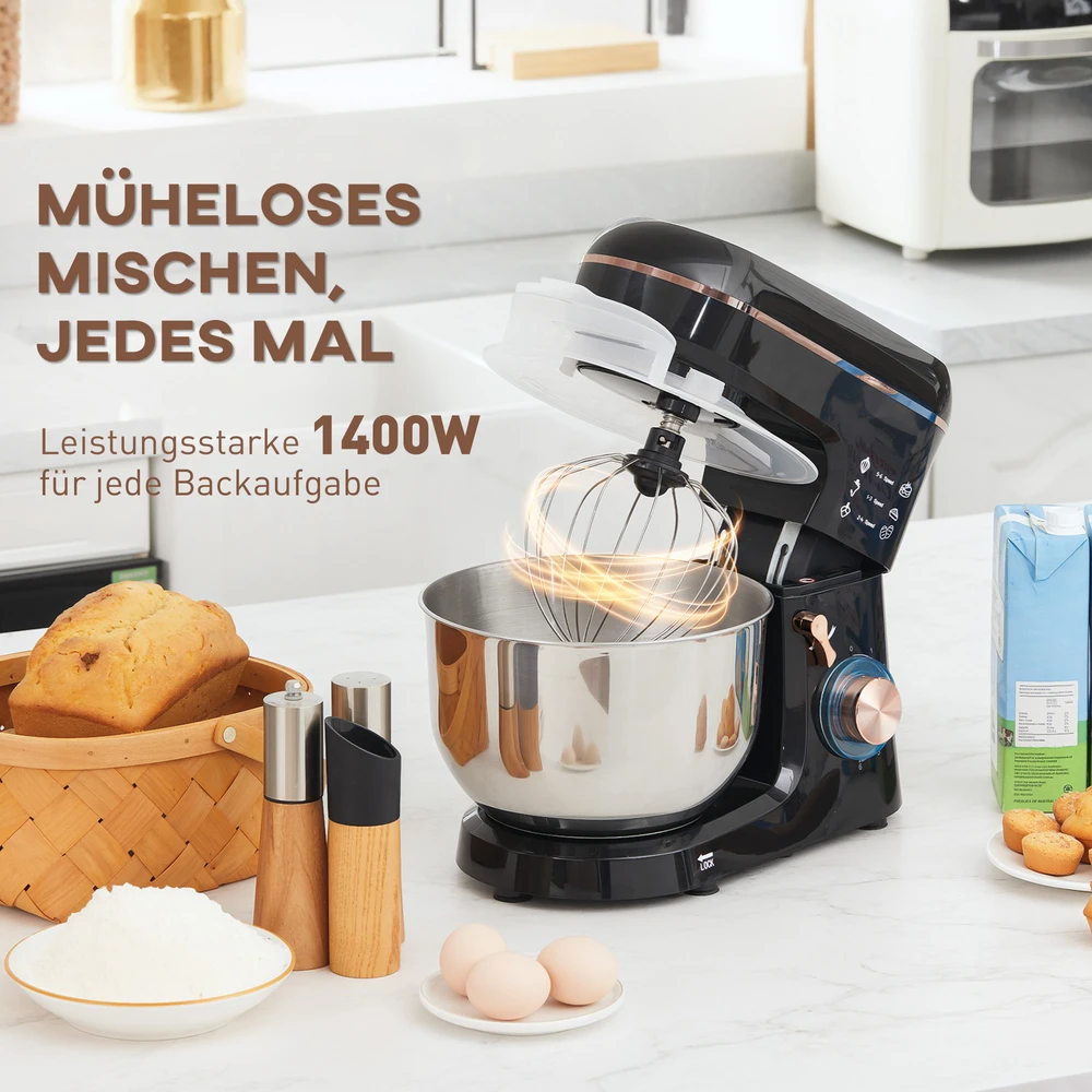 HOMCOM virtuvinis kombainas, 5,5 l nerūdijančio plieno dubuo, 1400 W, 6+P greičio režimai, tešlos maišyklė su plakikliu, tešlos kabliu, šluotele, apsauga nuo tiškalų, grandikliu ir kiaušinių separatoriumi, juodas