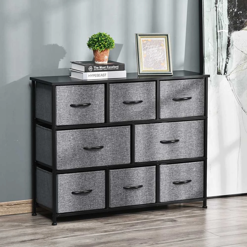 HOMCOM komoda su 8 medžiaginiais stalčiais, saugojimo spintelė su rankenomis, metaliniu rėmu, modernaus dizaino spintelė miegamajam, svetainei, tamsiai pilka