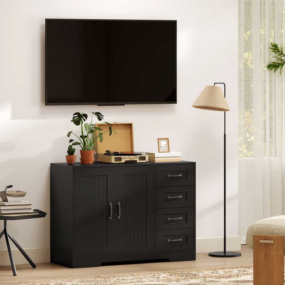 HOMCOM komoda, bufetas, modernaus stiliaus, 4 stalčiai, 1 spintelė, 105 x 40 x 76 cm, juoda