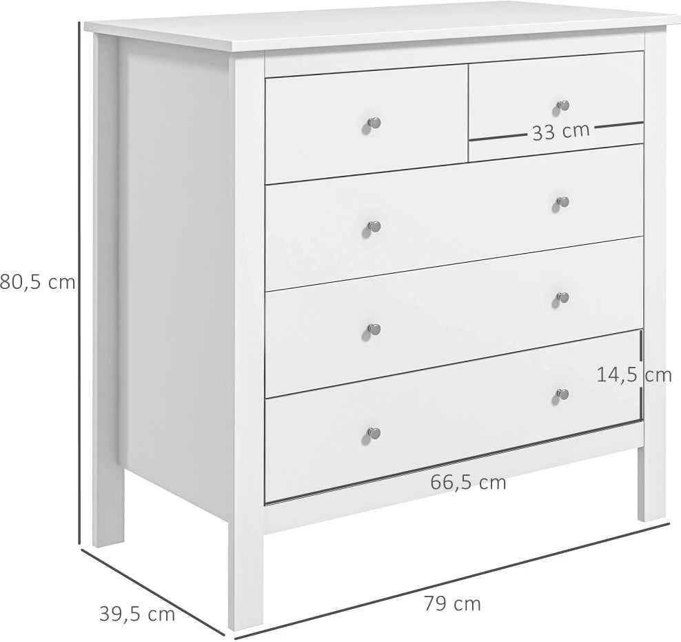HOMCOM Komoda su stalčiais Komoda su 5 stalčiais Komoda su stalčiais su priešpriešiais Miegamasis Svetainė Balta 79x39,5x80,5cm