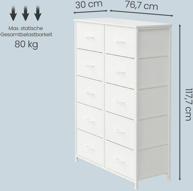 Komoda su 10 medžiaginių stalčių, balta, 30 × 76,7 × 117,7 cm