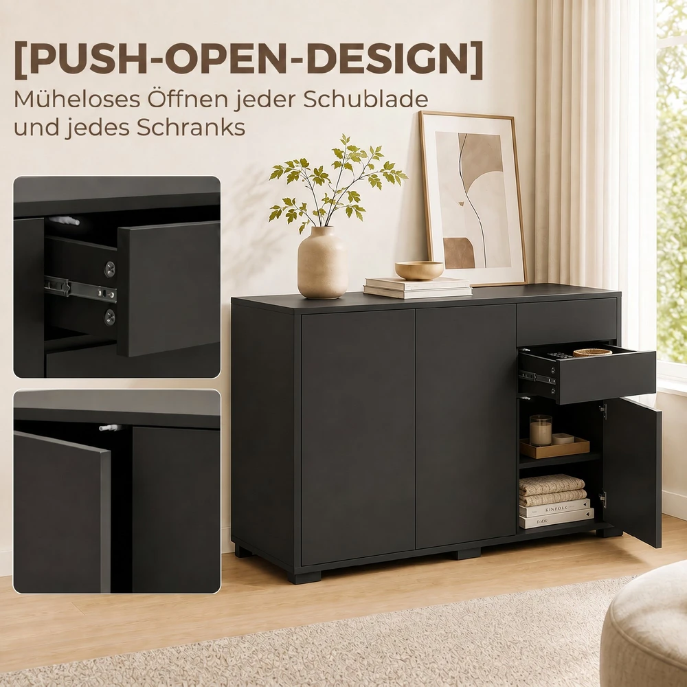 Komoda su 2 stalčiais ir „Push-Click“ mechanizmu, juoda, 117 × 36 × 74 cm