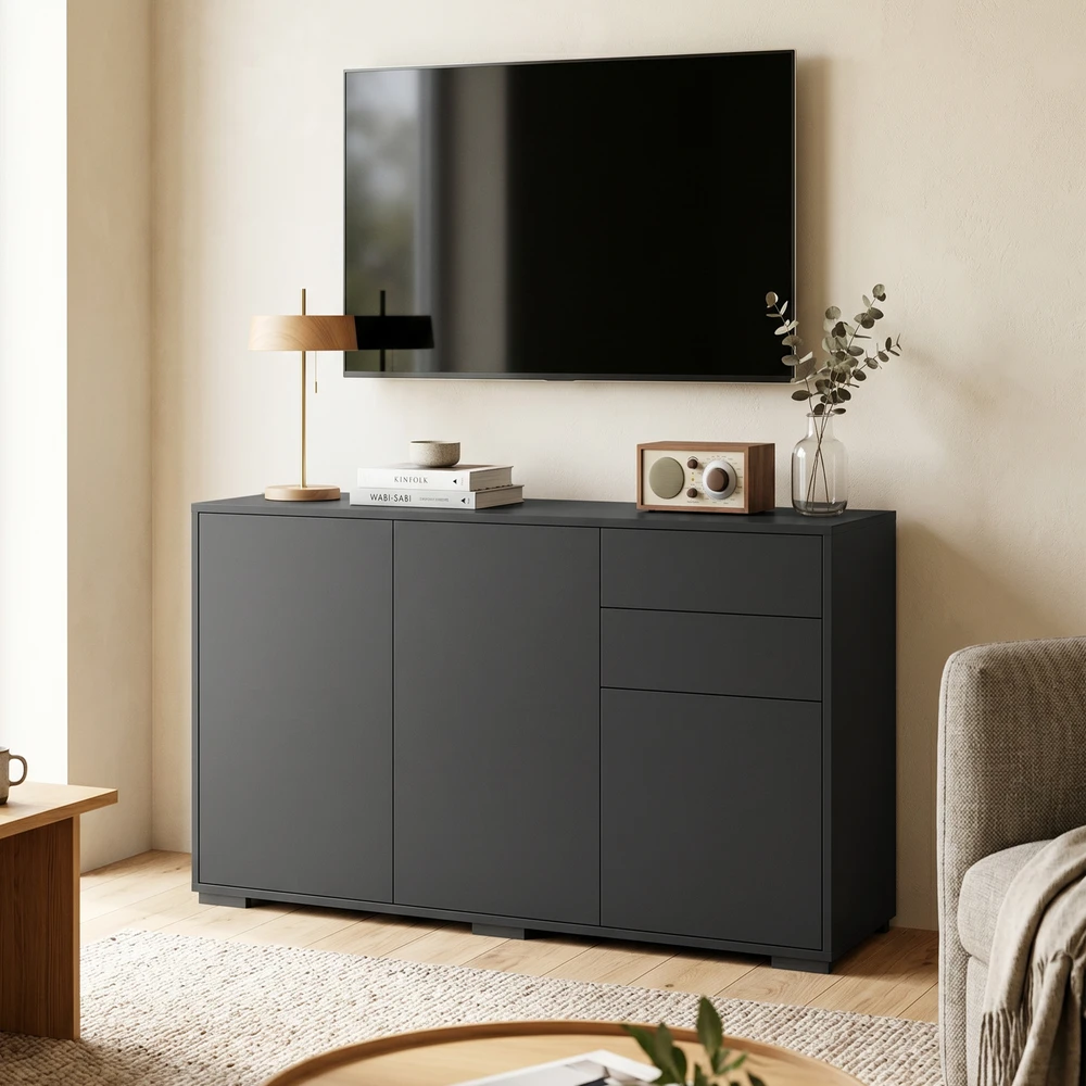 Komoda su 2 stalčiais ir „Push-Click“ mechanizmu, juoda, 117 × 36 × 74 cm