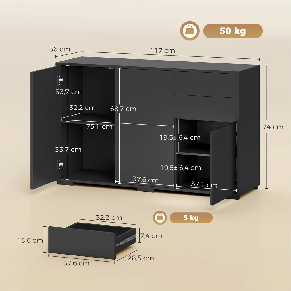 Komoda su 2 stalčiais ir „Push-Click“ mechanizmu, juoda, 117 × 36 × 74 cm