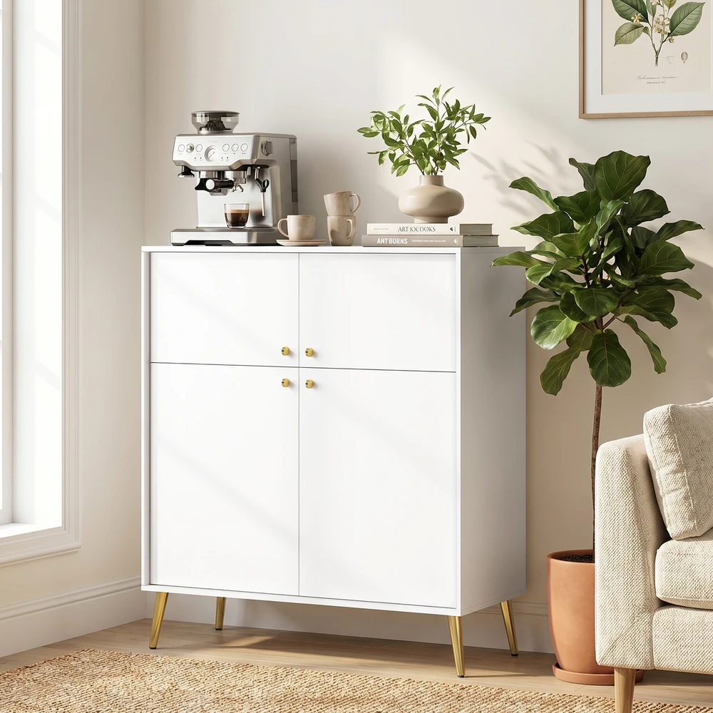 Komoda su 4 durelėmis ir metalinėmis kojelėmis, kreminė su aukso spalvos detalėmis, 105,4 × 40,5 × 122,4 cm