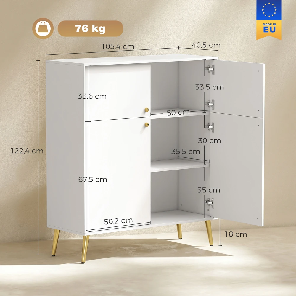Komoda su 4 durelėmis ir metalinėmis kojelėmis, kreminė su aukso spalvos detalėmis, 105,4 × 40,5 × 122,4 cm