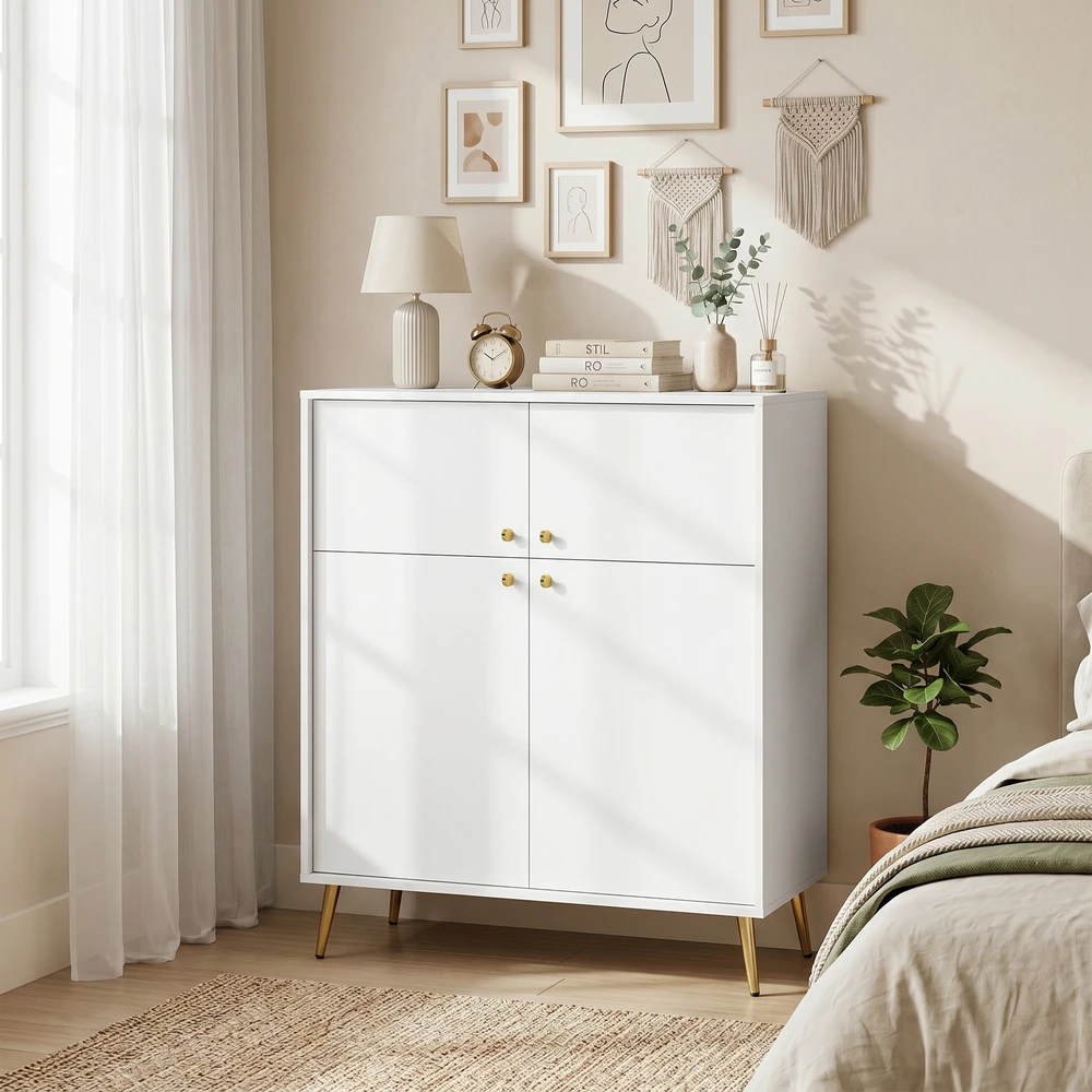 Komoda su 4 durelėmis ir metalinėmis kojelėmis, kreminė su aukso spalvos detalėmis, 105,4 × 40,5 × 122,4 cm