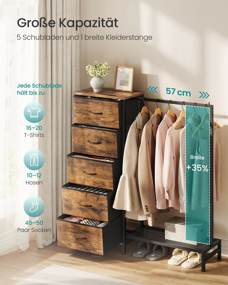 Songmics Komoda su 5 medžiaginiais stalčiais ir drabužių skersiniu, ruda 96,2 × 30 × 117,7 cm