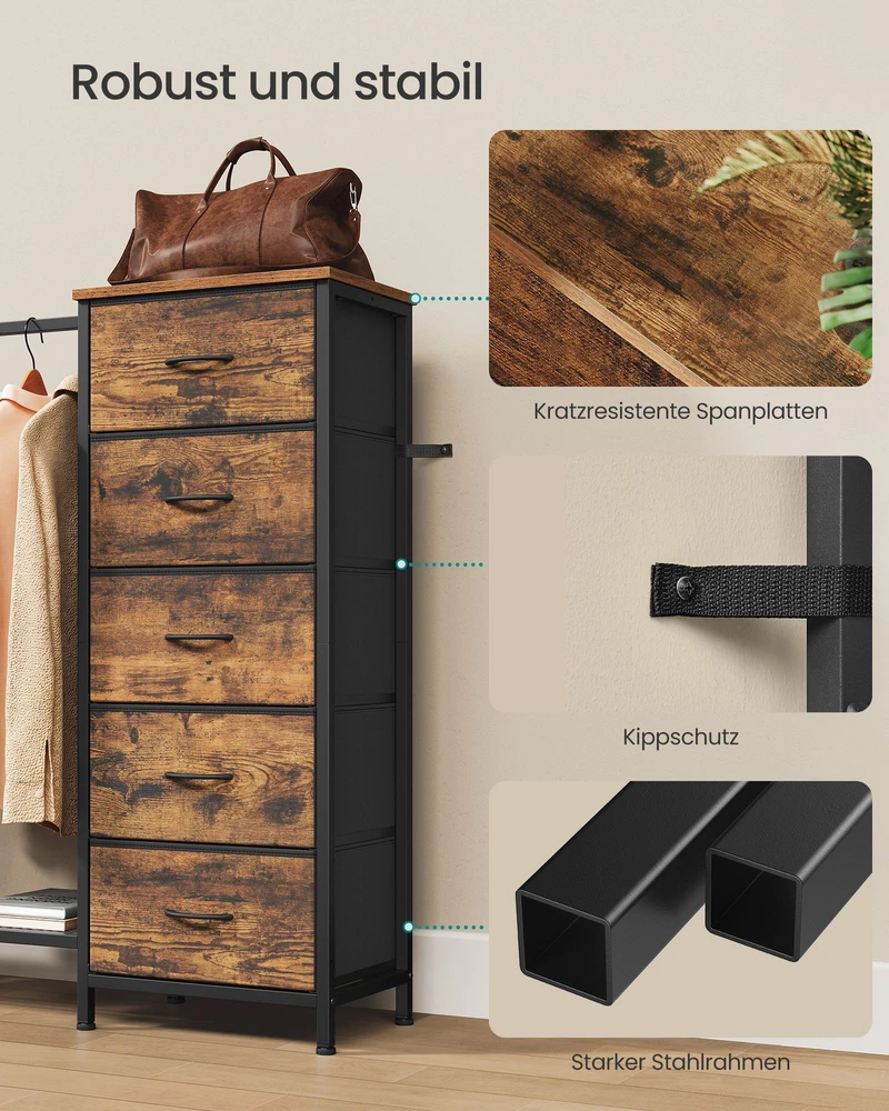 Songmics Komoda su 5 medžiaginiais stalčiais ir drabužių skersiniu, ruda 96,2 × 30 × 117,7 cm