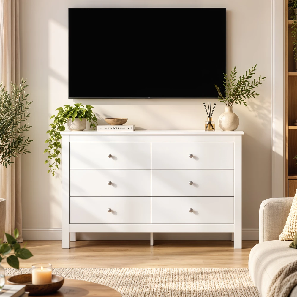 Komoda su 6 stalčiais, balta, 118 × 39,5 × 75,5 cm