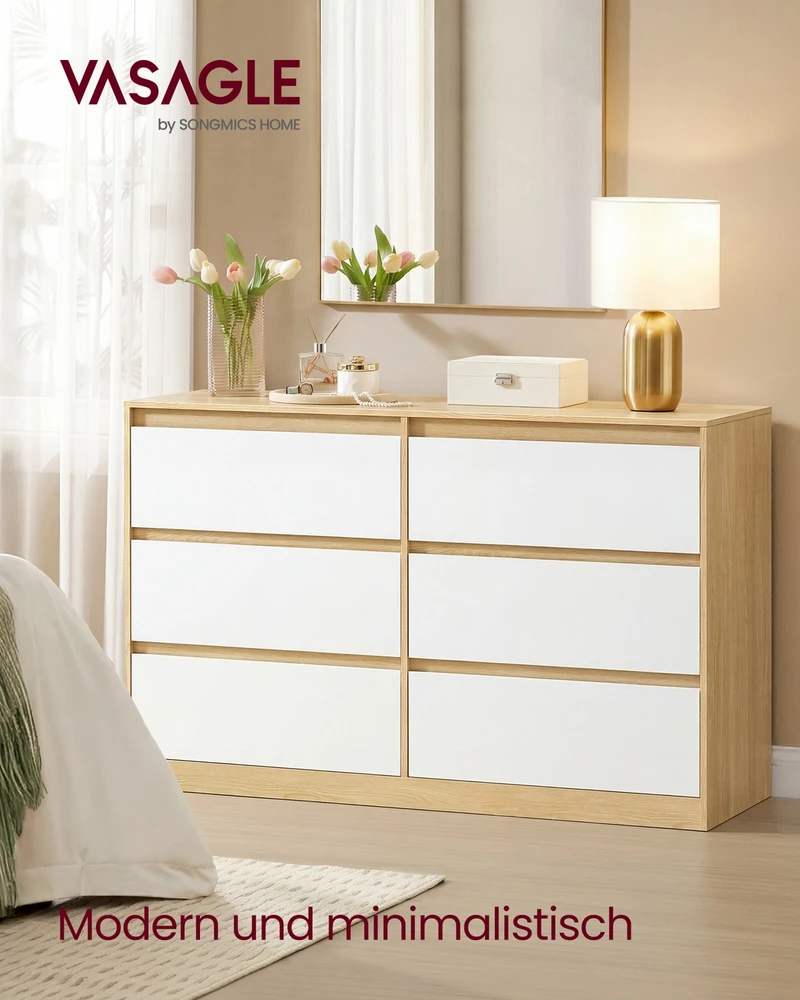 Komoda su 6 stalčiais, migdolų geltonos ir baltos spalvos, 119,4 × 40 × 75 cm