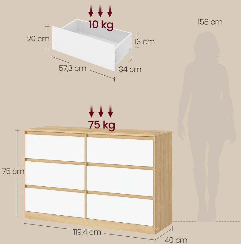Komoda su 6 stalčiais, migdolų geltonos ir baltos spalvos, 119,4 × 40 × 75 cm