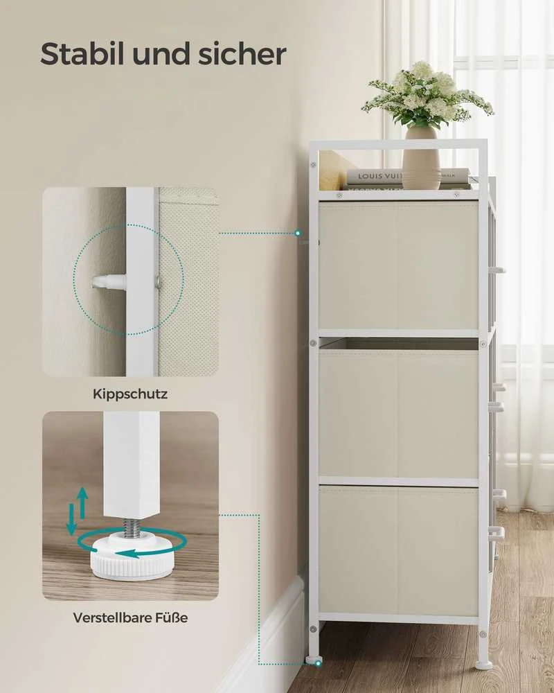 Songmics Komoda 7 medžiaginiai stalčiai su rankenėlėmis kreminės baltos spalvos-debesų baltos spalvos