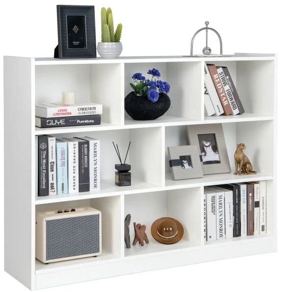 Komoda su 8 atvirais skyriais, pilka/balta, 122 x 32 x 93 cm