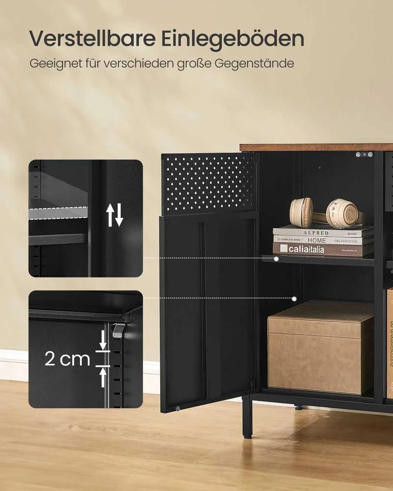 Songmics Dvigubų durelių sandėliavimo spintelė vintage ruda-matinė juoda