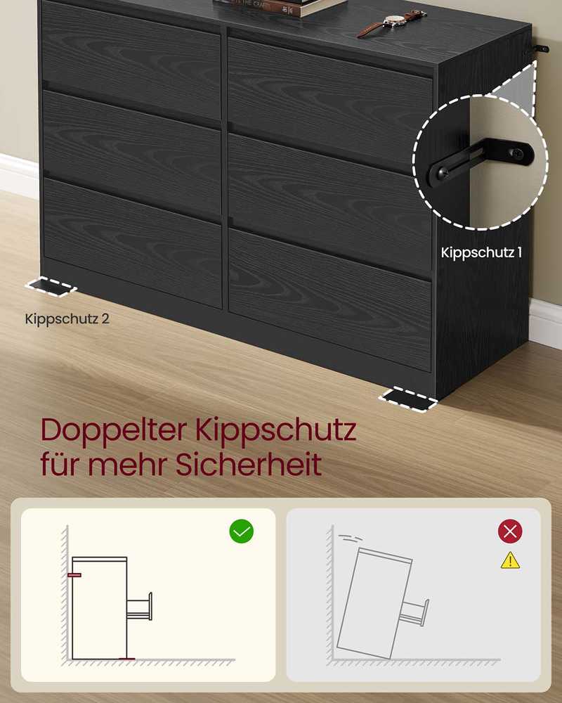 Songmics Komoda su šešiomis stalčiais, 40x119,4x75 cm, juoda