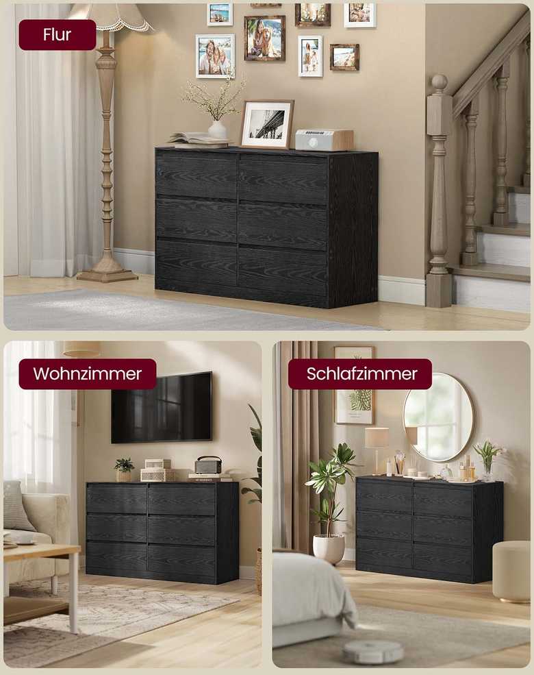 Songmics Komoda su šešiomis stalčiais, 40x119,4x75 cm, juoda