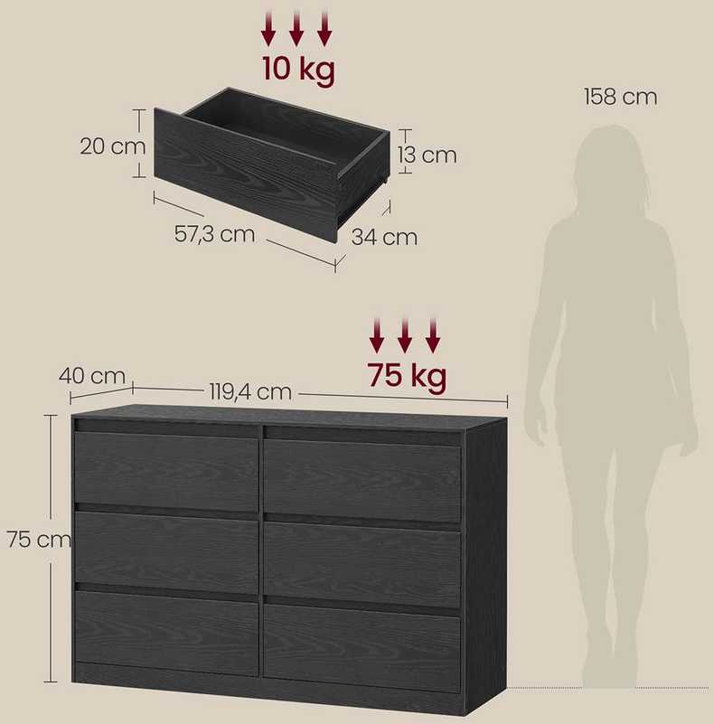 Songmics Komoda su šešiomis stalčiais, 40x119,4x75 cm, juoda