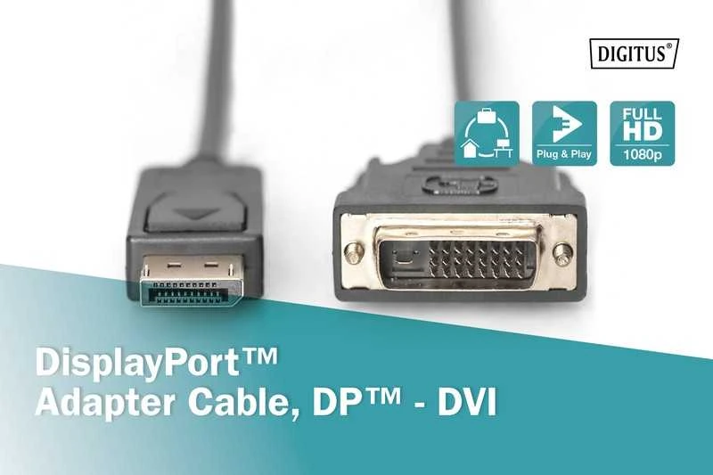 Assmann Electronic ASSMANN DisplayPort adapterio kabelis DP - DVI 24+1 M/M 2.0m su blokavimu DP 1.1a suderinamas