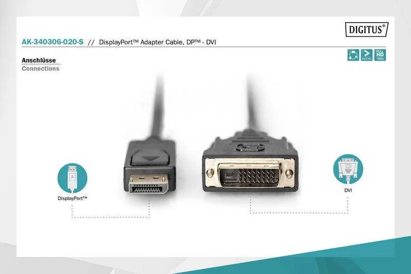 Assmann Electronic ASSMANN DisplayPort adapterio kabelis DP - DVI 24+1 M/M 2.0m su blokavimu DP 1.1a suderinamas