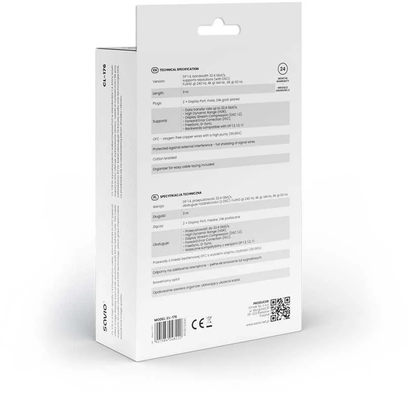 „DisplayPort Kabelis“ – SAVIO DisplayPort (M) V1.4, 3 m, CL-176
