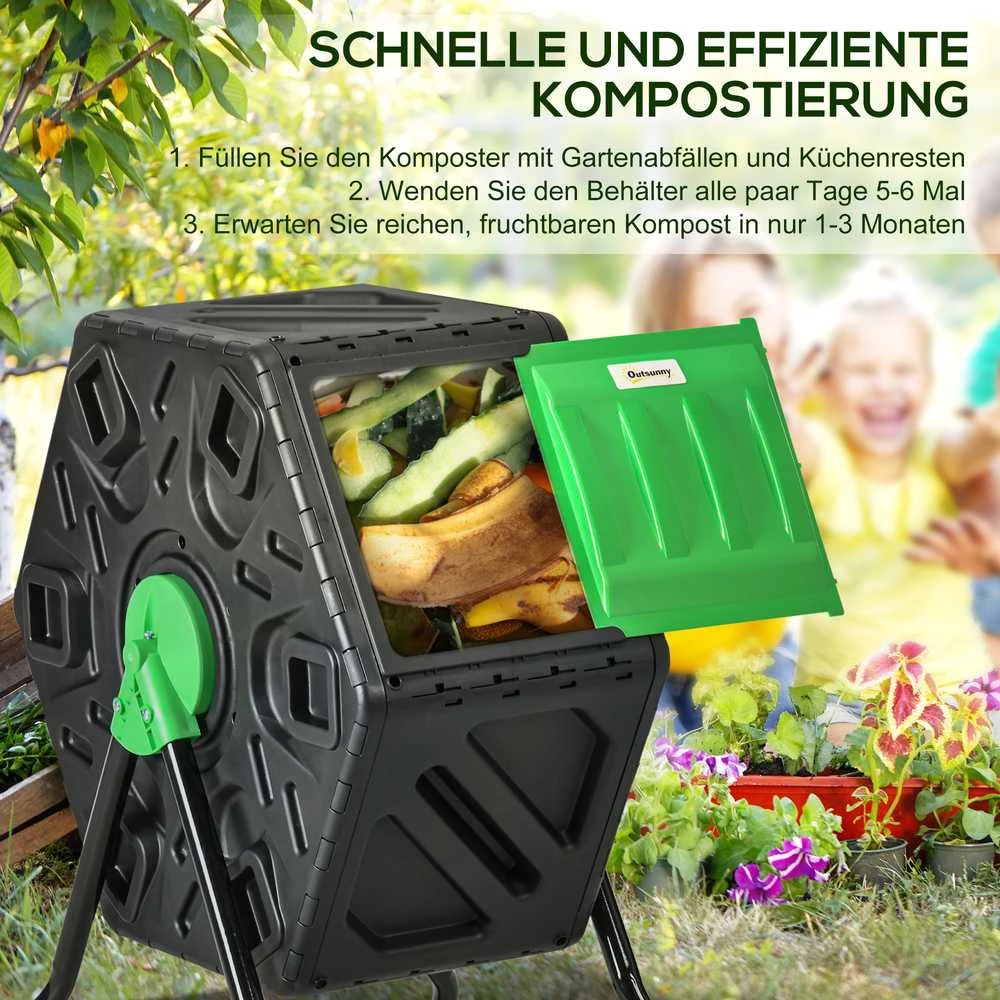 Outsunny kompostinė 65 l, 60x49x77 cm, besisukanti greitojo kompostavimo dėžė iš plastiko, oro sąlygoms atspari termokompostinė su ventiliacijos sistema, dangčiu, sodo kompostinė, komposto konteineris sodui, virtuvei, balkonui