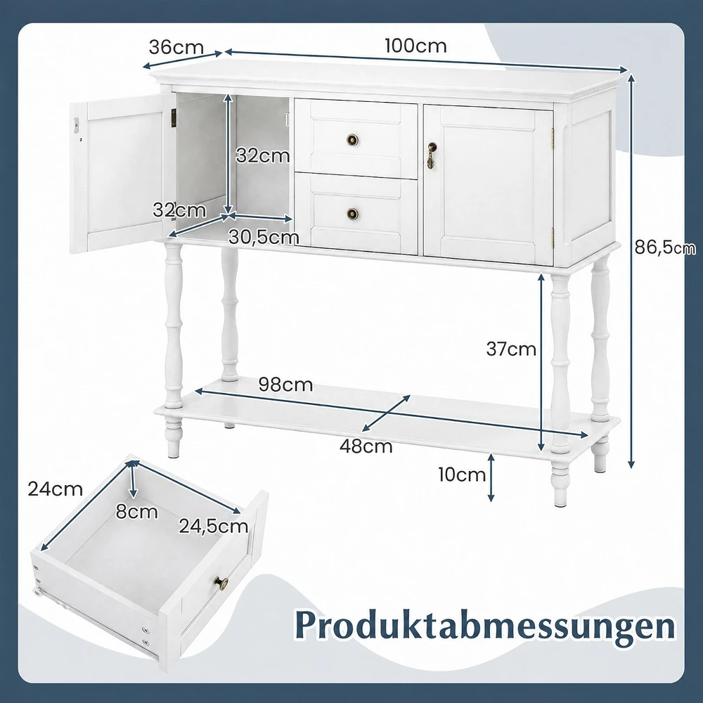 Konsolinis stalas su 2 stalčiais ir 2 spintelėmis, baltas, 101,6 × 35,6 × 86,4 cm
