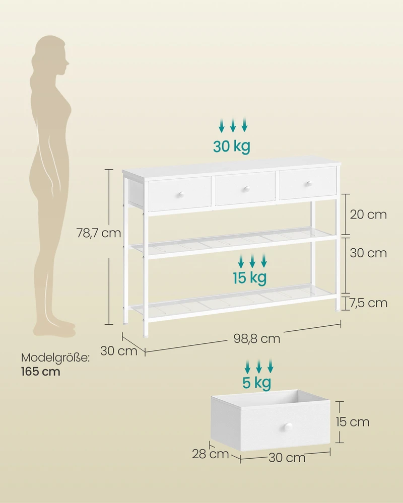 Songmics Konsolinis stalas su 3 stalčiais, baltas, 98,8 × 30 × 78,7 cm