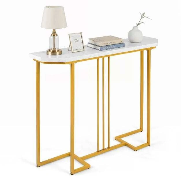 Konsolinis stalas su geometriniu metaliniu rėmu ir vandeniui bei įbrėžimams atspariu stalviršiu, baltas ir aukso spalvos, 110 × 30 × 91 cm