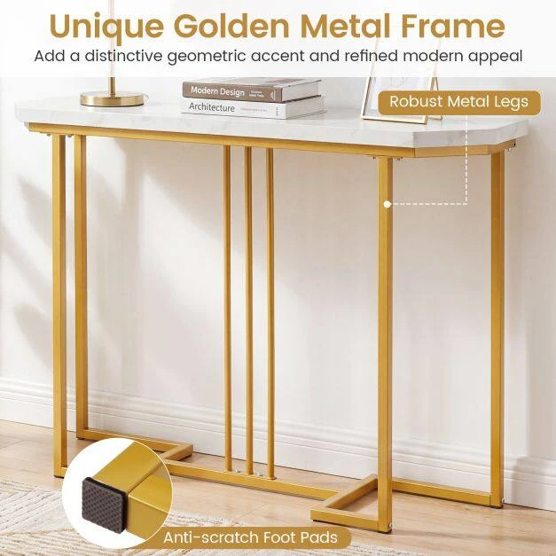 Konsolinis stalas su geometriniu metaliniu rėmu ir vandeniui bei įbrėžimams atspariu stalviršiu, baltas ir aukso spalvos, 110 × 30 × 91 cm