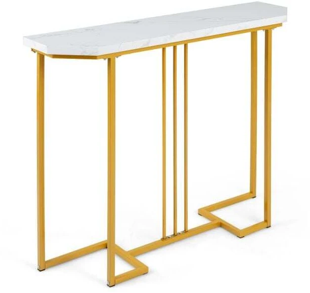 Konsolinis stalas su geometriniu metaliniu rėmu ir vandeniui bei įbrėžimams atspariu stalviršiu, baltas ir aukso spalvos, 110 × 30 × 91 cm