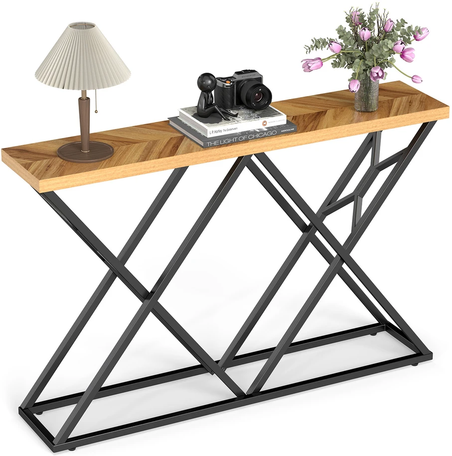 Konsolinis stalas su metaliniu rėmu ir 4 cm stalviršiu, medienos spalvos, 139,7 × 30,5 × 91,4 cm