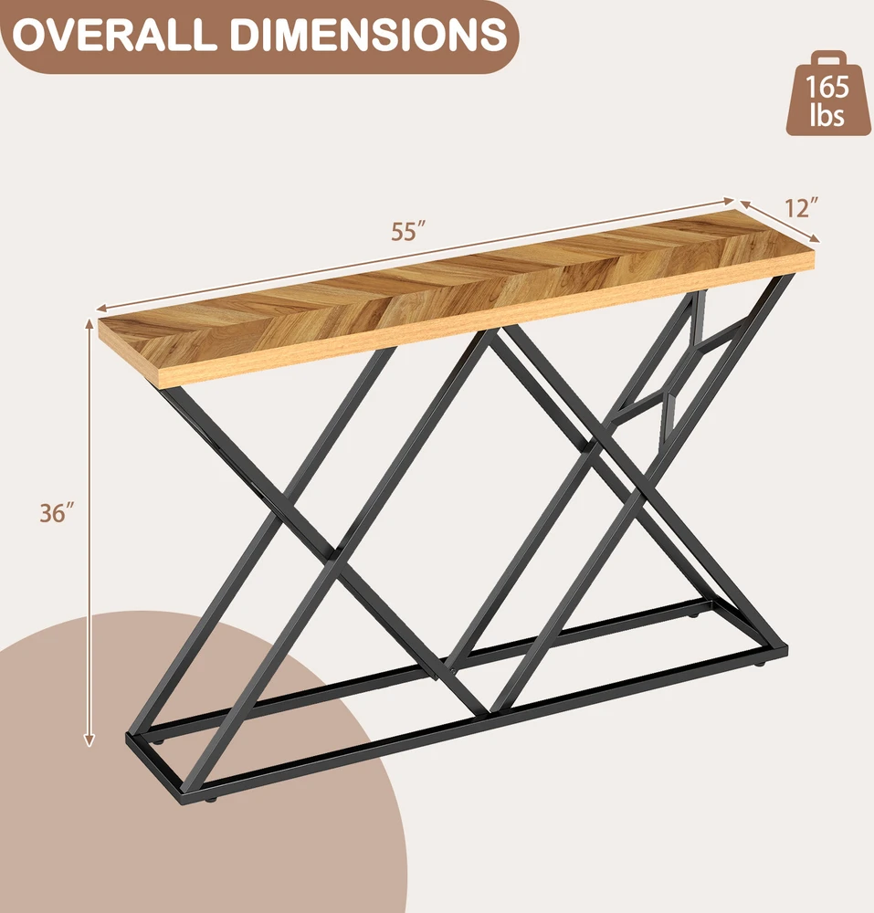 Konsolinis stalas su metaliniu rėmu ir 4 cm stalviršiu, medienos spalvos, 139,7 × 30,5 × 91,4 cm
