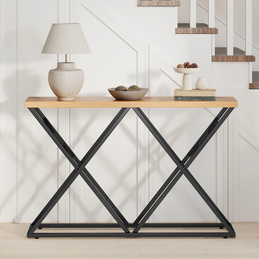Konsolinis stalas su metaliniu rėmu ir 4 cm stalviršiu, medienos spalvos, 139,7 × 30,5 × 91,4 cm