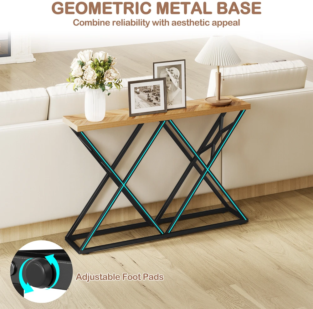 Konsolinis stalas su metaliniu rėmu ir 4 cm stalviršiu, medienos spalvos, 139,7 × 30,5 × 91,4 cm