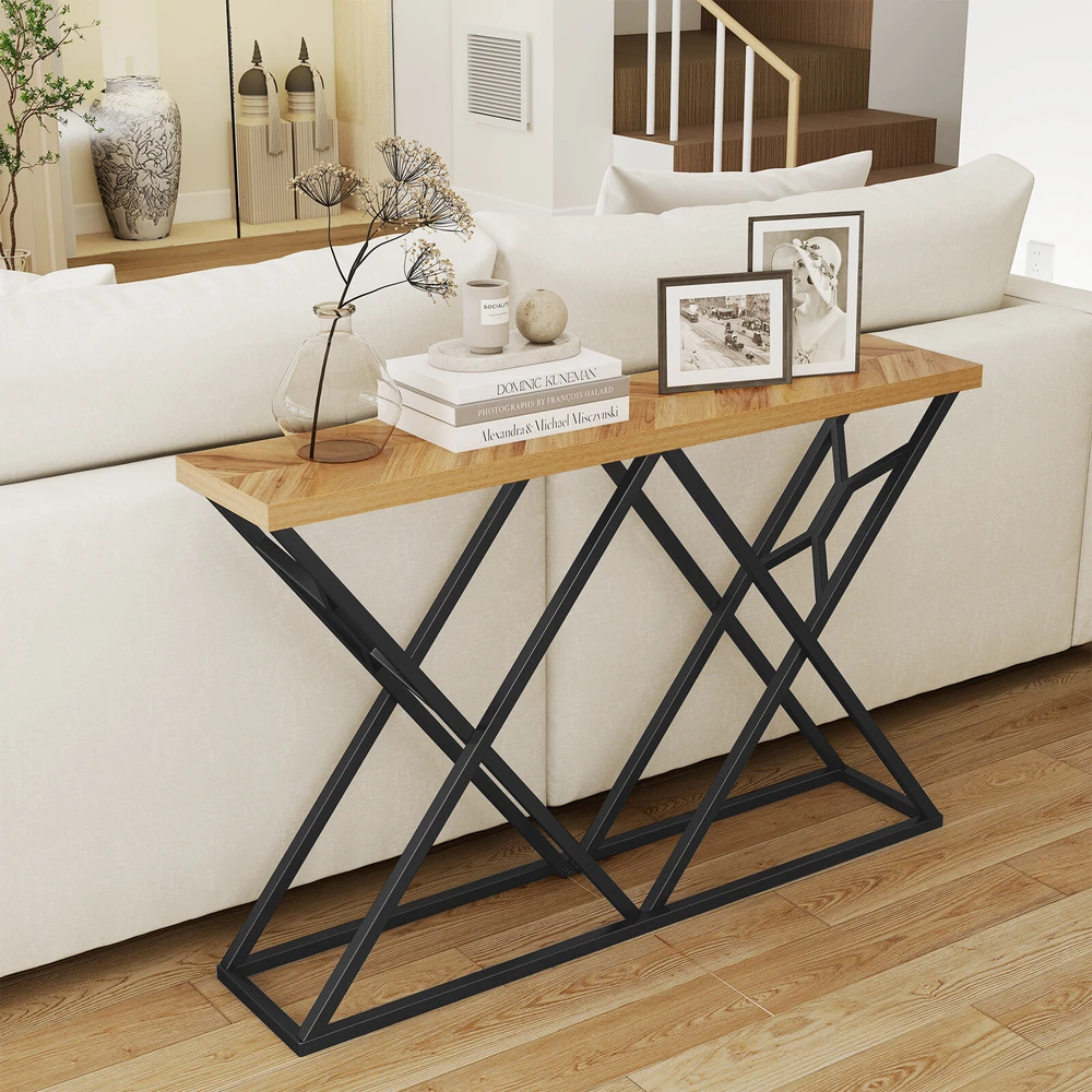 Konsolinis stalas su metaliniu rėmu ir 4 cm stalviršiu, medienos spalvos, 139,7 × 30,5 × 91,4 cm