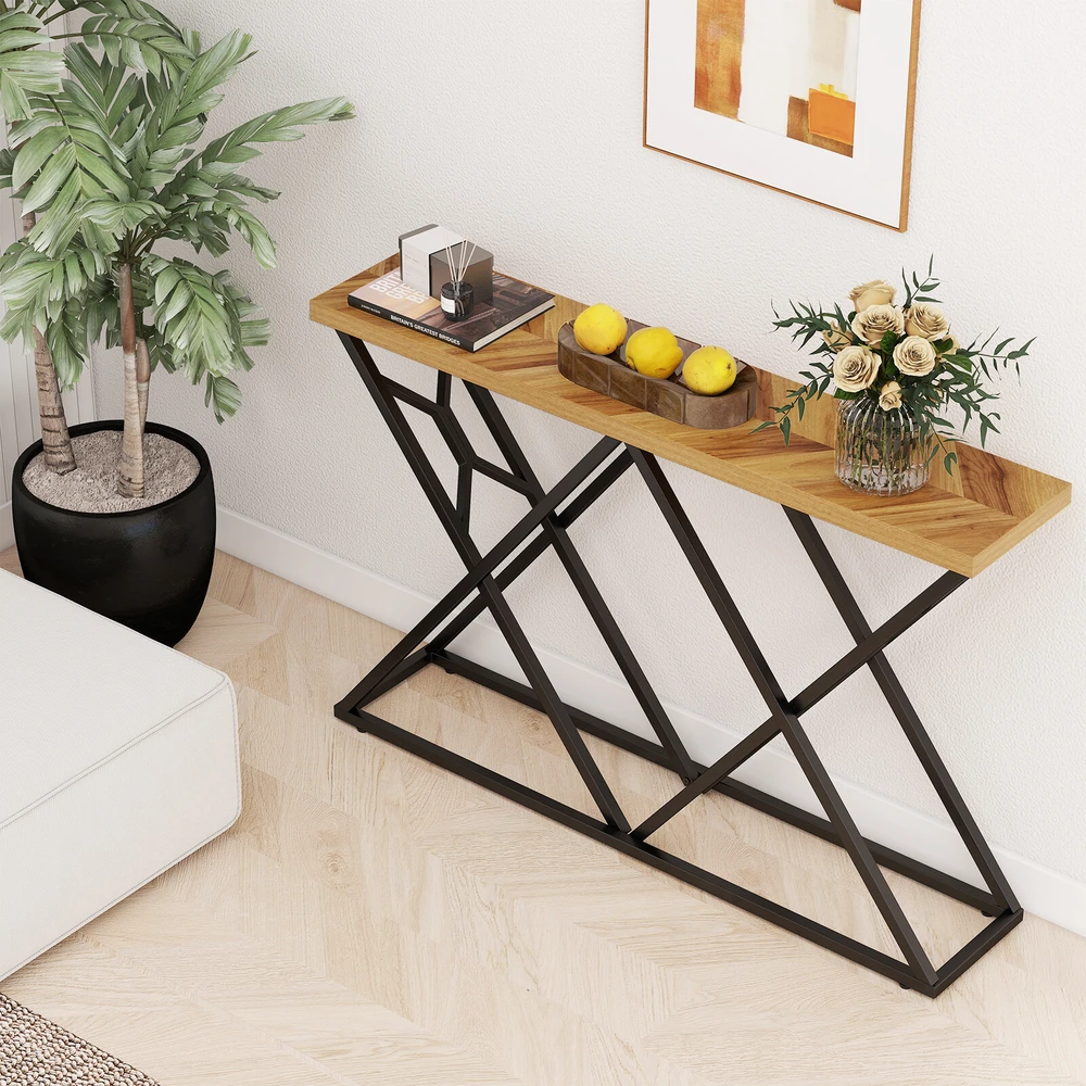 Konsolinis stalas su metaliniu rėmu ir 4 cm stalviršiu, medienos spalvos, 139,7 × 30,5 × 91,4 cm