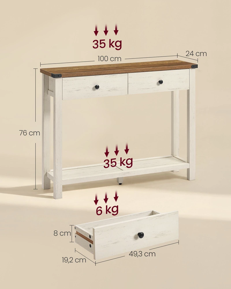 Songmics Konsolinis stalas su stalčiais, baltas ir rudas, 100 x 24 x 76 cm