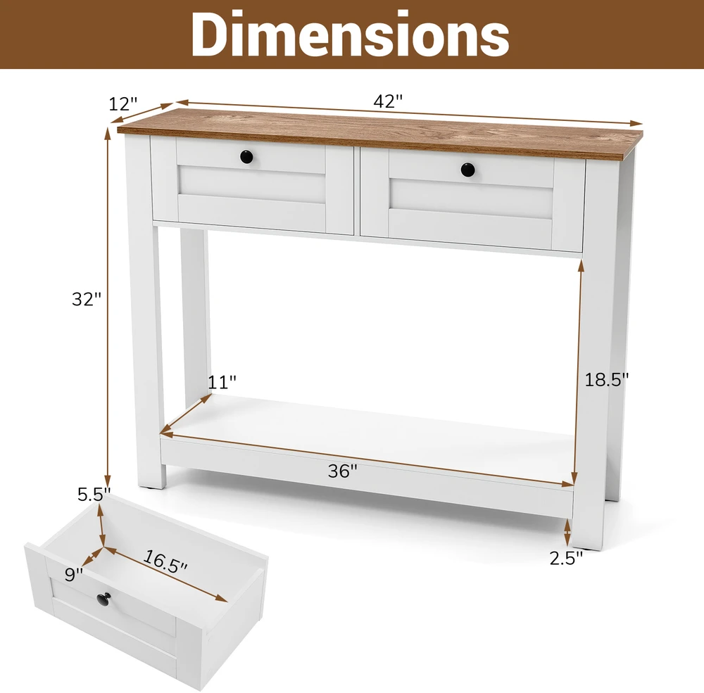 Konsolinis staliukas su 2 stalčiais, natūralios medienos ir baltos spalvos, 106 × 30 × 81 cm