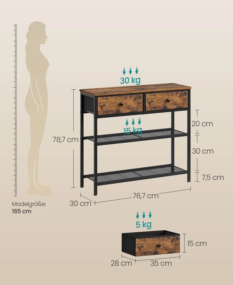 Songmics Konsolinis staliukas su 2 stalčiais, vintažinės rudos spalvos, 76,7 × 30 × 78,7 cm