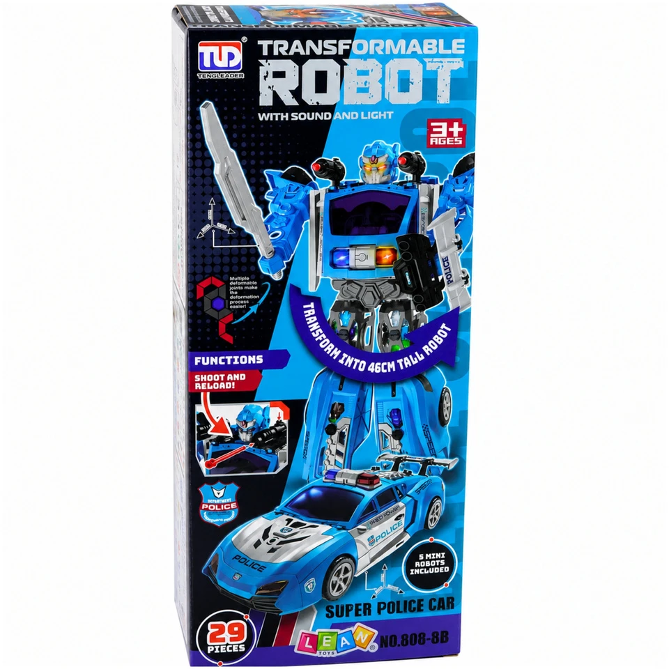Lean Toys Konstruktorius policijos robotas 2-in-1 su šviesomis ir garsais, mėlynas, baltas, juodas, 46 × 33 × 13 cm, 29 dalių