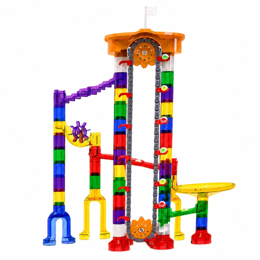 Lean Toys Konstruktorius su kamuoliukų trasa ir kėlimo mechanizmu, įvairiaspalvis, 56 × 44 cm, 153 vnt.