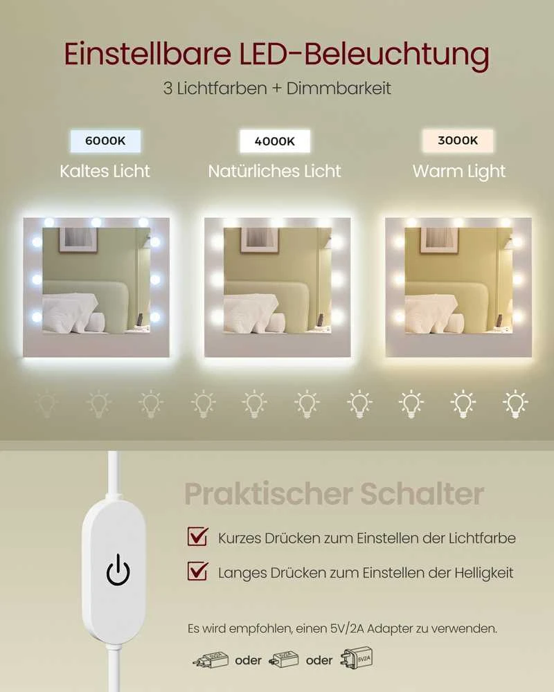 Songmics Kosmetinis stalas su veidrodžiu ir LED apšvietimu 40x107x144 cm