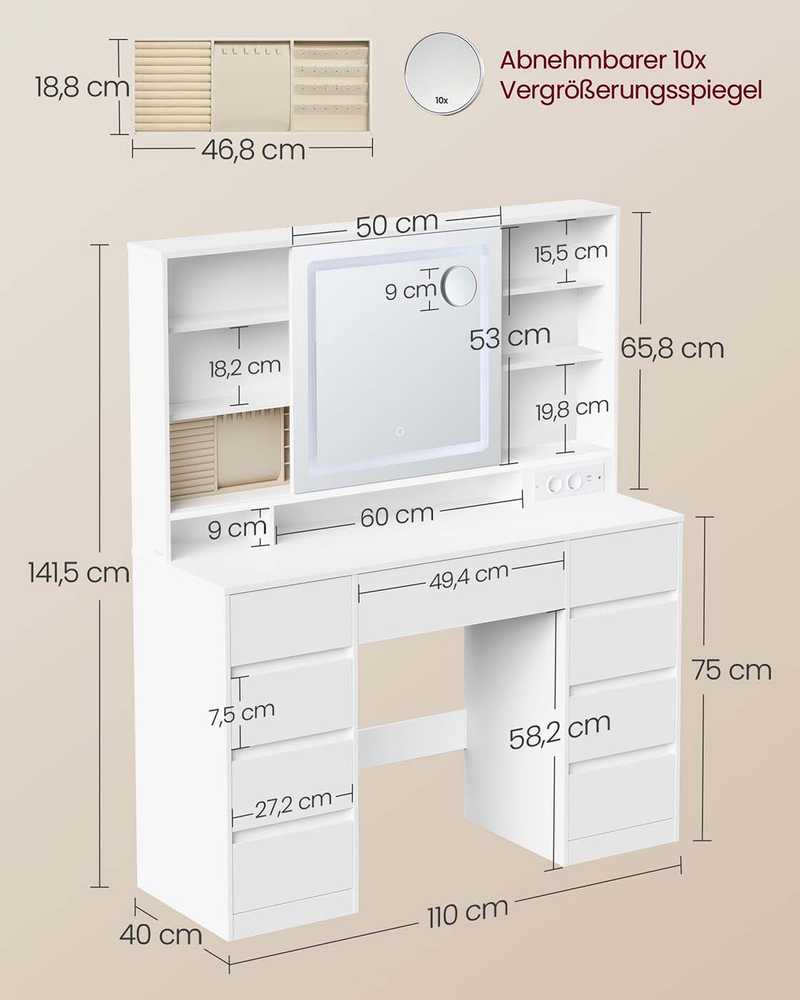 Vasagle Kosmetinis staliukas su LED veidrodžiu ir 9 stalčiais