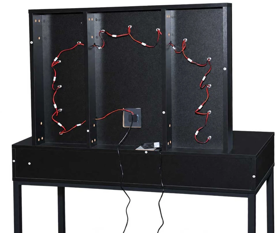 Kosmetinis staliukas su LED veidrodžiu ir stalčiumi, juodas su rudomis detalėmis, 143 × 104 × 50 cm